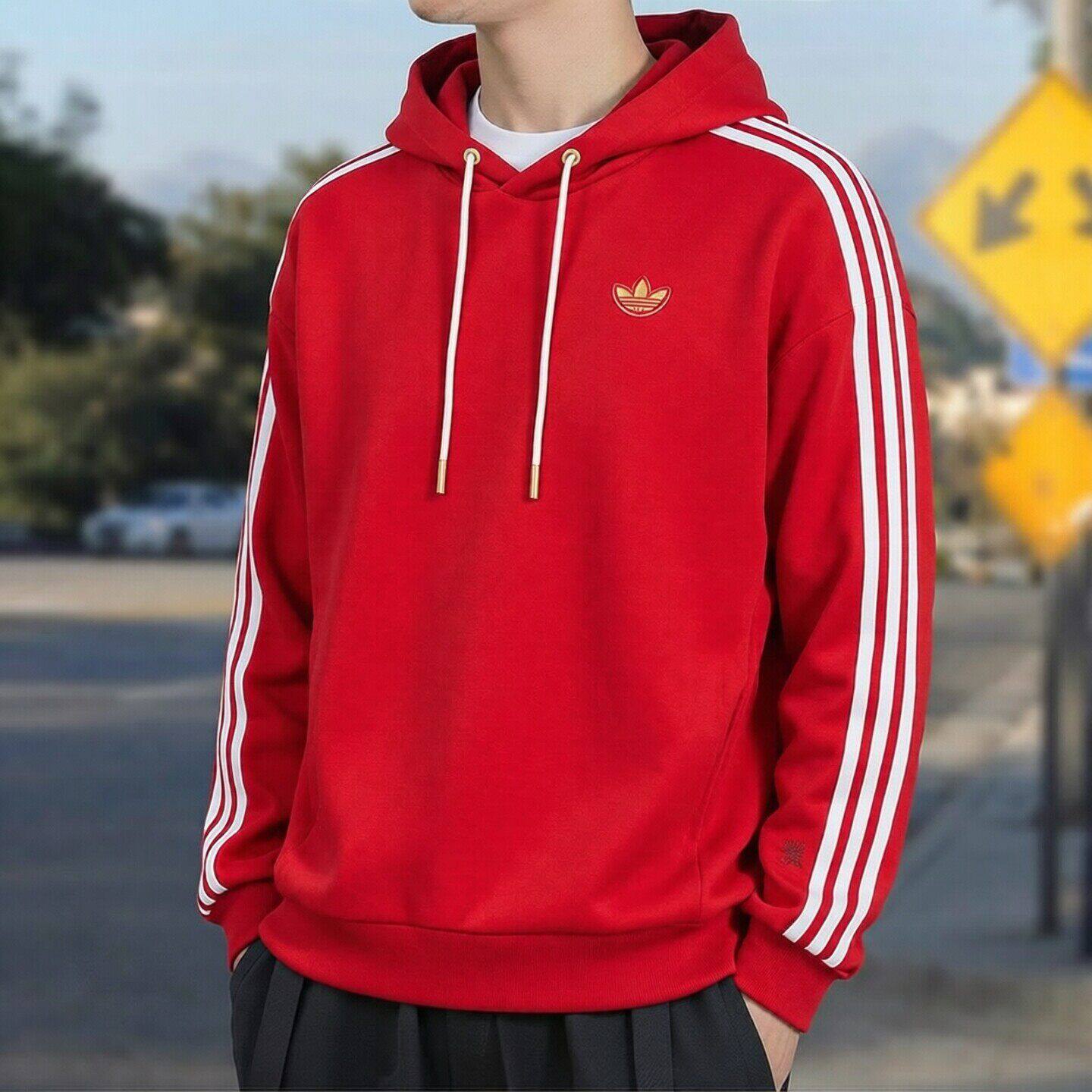 阿迪达斯连帽卫衣男士红色外套三叶草新款重磅运动休闲男装上衣服
