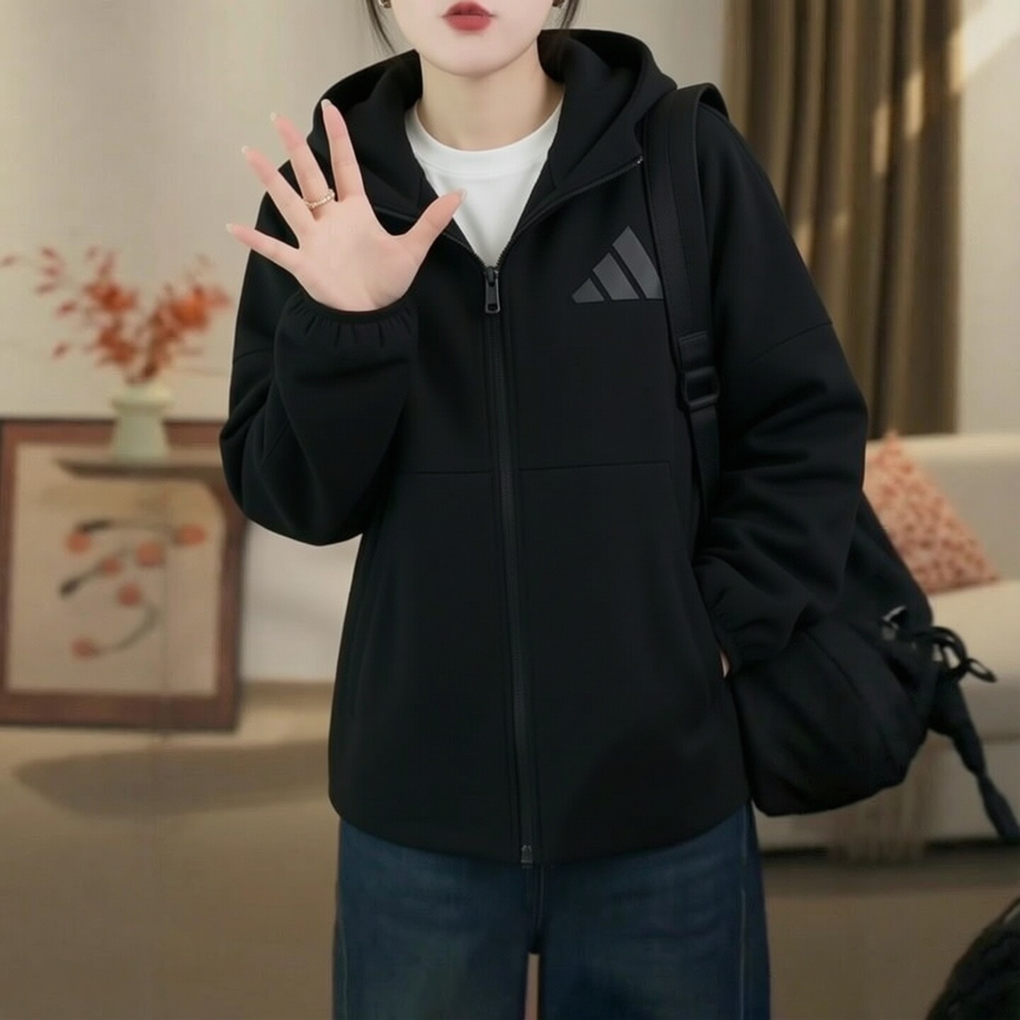 阿迪达斯装春秋新款跑步健身防风运动休闲连帽开衫宽松夹克外套
