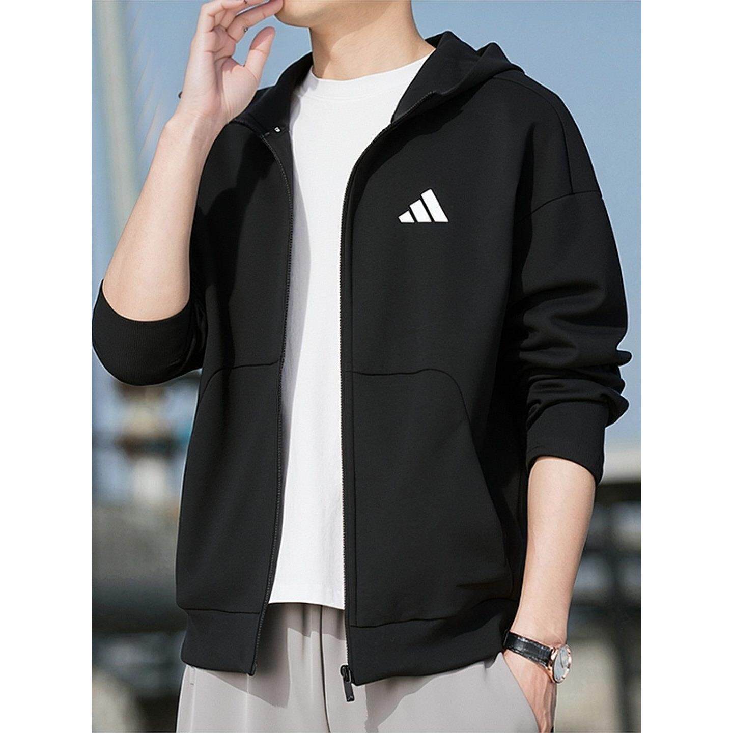 阿迪达斯外套男春季新款针织宽松连帽衫运动黑色防风休闲男士夹克