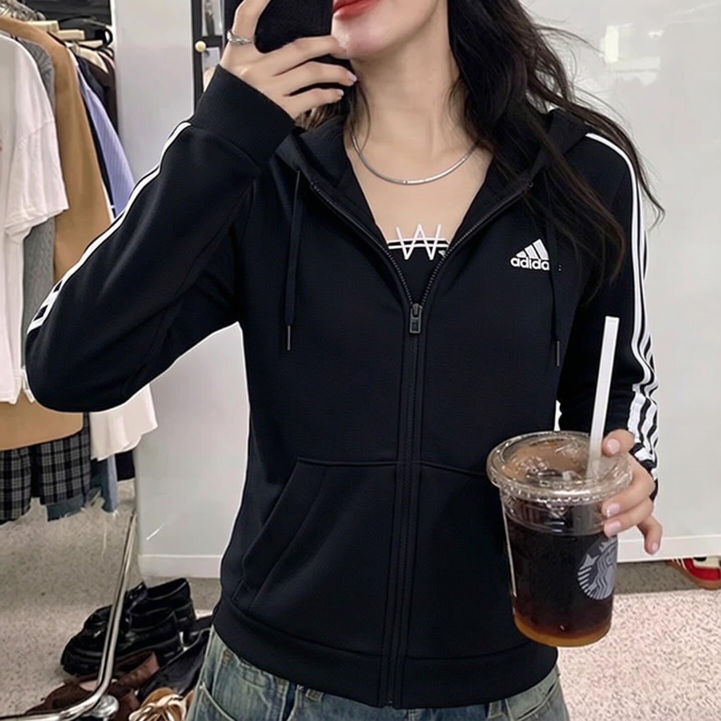 阿迪达斯针织外套女秋季新款复古美式休闲修身运动服连帽开衫上衣