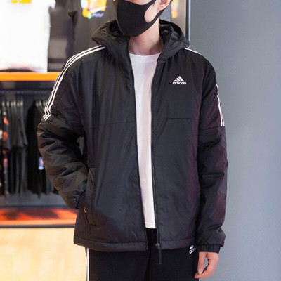阿迪达斯棉服男冬季新款连帽加厚运动棉袄男士黑色保暖外套KF6755
