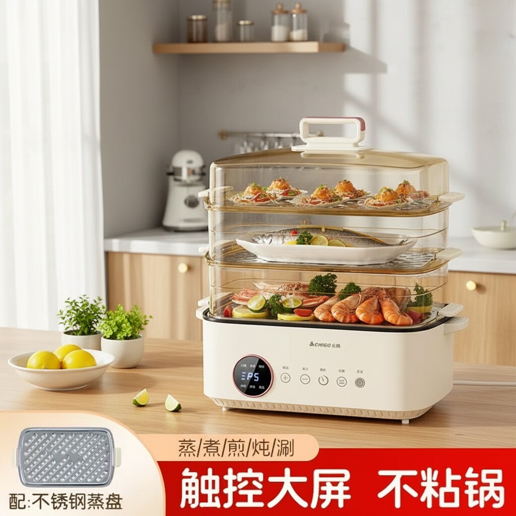 志高家用煮蛋器大容量多功能预约子蒸煮早餐机全钢电蒸锅蒸鱼蒸包