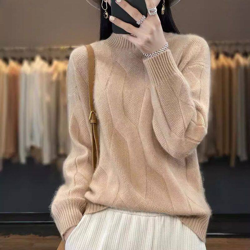 2024秋冬新款羊毛衫女半高领麻花厚款纯色简约毛衣宽松显瘦针织衫