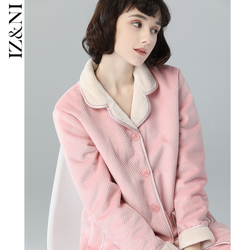3特价清仓~睡衣女冬长袖珊瑚绒夹棉加厚保暖简约家居服套装