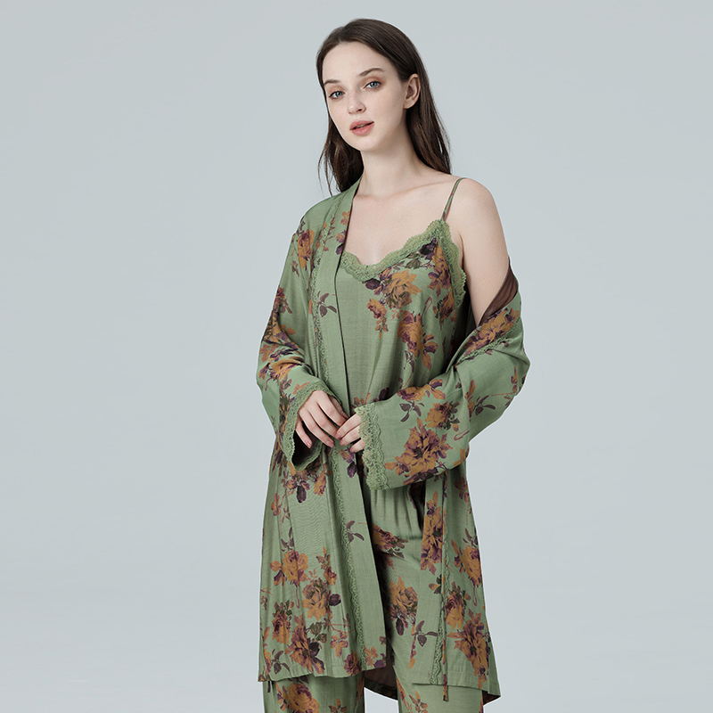 橙秀菊人棉印花吊带3件睡衣套装