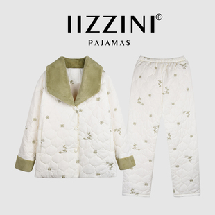 IIZZINI 家居服女冬长袖 夹棉加厚国风刺绣茉莉花外穿睡衣套装