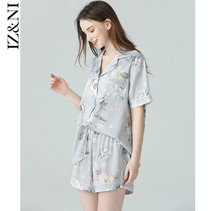 3IIZZINI 2021睡衣女夏短袖冰丝薄款中国风梧桐花短裤家居服套装
