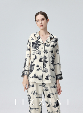 IIZZINI青松柏 睡衣女春秋长袖冰丝国风水墨提花奢华高级感套装