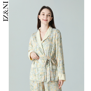 IIZZINI 睡衣女冬长袖冰丝加绒保暖国风连翘花奢华家居服套装