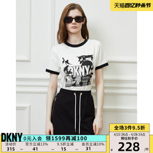 DKNY/唐可娜儿春夏女撞色袖口字母刺绣LOGO印花短袖T恤