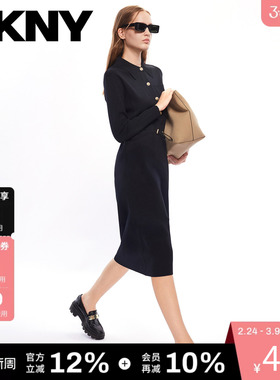 DKNY唐可娜儿针织连衣裙女士翻领时尚精致优雅气质通勤百搭简约风
