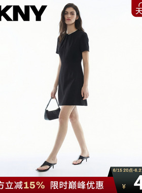 DKNY唐可娜儿26夏季新款短袖连衣裙女黑色直筒钻领休闲简约A字潮