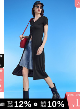 DKNY唐可娜儿春夏短袖长款外套女士都市日常通勤V领开衩薄款休闲