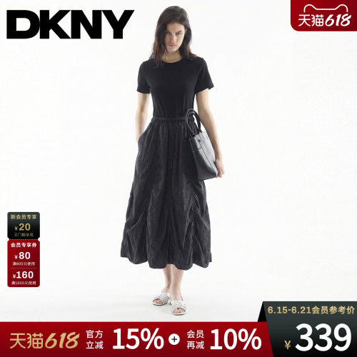 拼接花苞短袖连衣裙圆领小黑裙