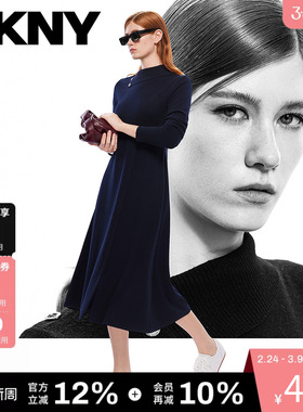 【含羊毛】DKNY唐可娜儿春季针织长袖连衣裙子女士不对称收腰开叉
