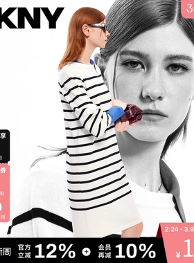 DKNY唐可娜儿秋季灯笼袖条纹通勤风优雅百搭针织连衣裙女时尚潮