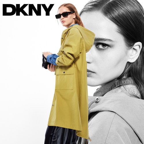 DKNY唐可娜儿2025新款简约宽松连帽通勤休闲中长款风衣外套女