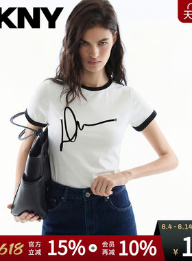 DKNY唐可娜儿夏季短袖T恤女撞色盘带绣LOGO正肩圆领上衣白色潮流