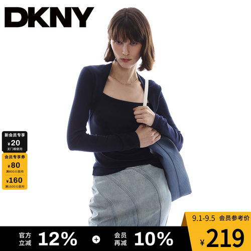 【含羊毛】DKNY唐可娜儿美式方领长袖T恤女春秋季内搭打底衫上衣t
