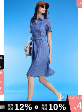 DKNY唐可娜儿夏季时尚都市通勤风条纹短袖收腰衬衫连衣裙女显瘦