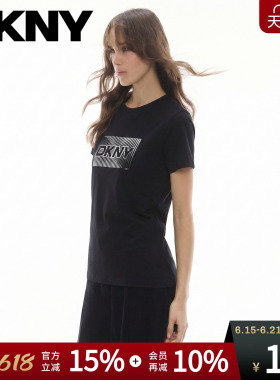 DKNY唐可娜儿26夏季新款短袖T恤女圆领黑色烫银设计上衣简约休闲