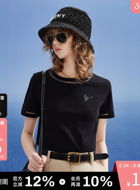 【100%棉】DKNY唐可娜儿春夏短袖T恤女圆领上衣黑色镂空织带正肩