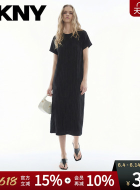 DKNY唐可娜儿26夏季新款短袖连衣裙女黑色宽松圆领百搭肌理时尚潮