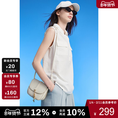 DKNY唐可娜儿2025夏季新款简约通勤白色翻领时尚百搭无袖衬衫女