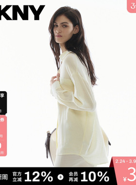 DKNY唐可娜儿26春季新款轻薄白色衬衫女V领长袖落肩上衣休闲宽松