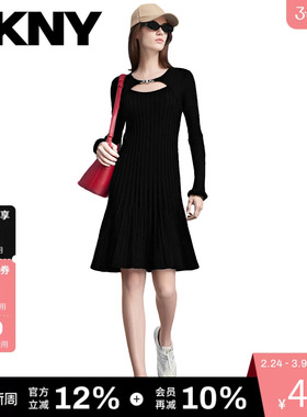 【含羊毛】DKNY唐可娜儿春季针织长袖连衣裙女假两件链条露肤收腰