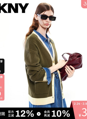 DKNY唐可娜儿V领针织开衫外套女装撞色上衣复古时尚宽松休闲潮流