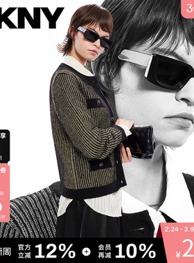 DKNY唐可娜儿秋冬款女装上衣经典复古亮丝竖条纹口袋针织开衫外套