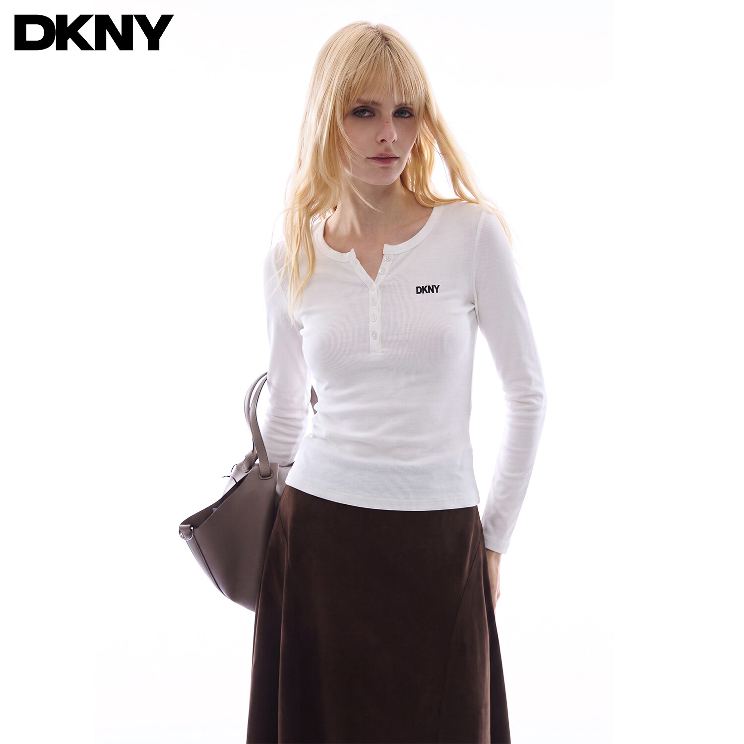 DKNY唐可娜儿美式莱赛尔纽扣长袖T恤女春秋季修身内搭打底衫上衣t