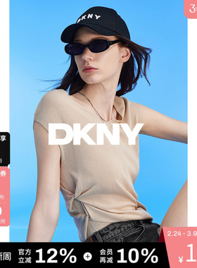 DKNY唐可娜儿夏季都市简约上衣V领口纯色百搭短袖针织衫女士时尚