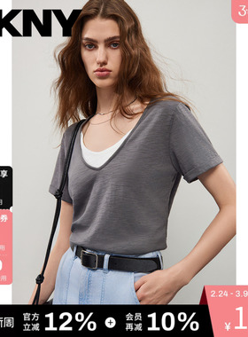 DKNY唐可娜儿春夏假两件短袖T恤女V领宽松上衣时尚百搭拼接撞色潮