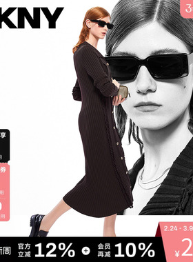 DKNY唐可娜儿秋冬款女装荷叶边竖条纹时尚美拉德流苏针织连衣裙