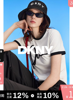 DKNY唐可娜儿夏季短袖T恤女撞色盘带绣LOGO正肩圆领上衣白色潮流