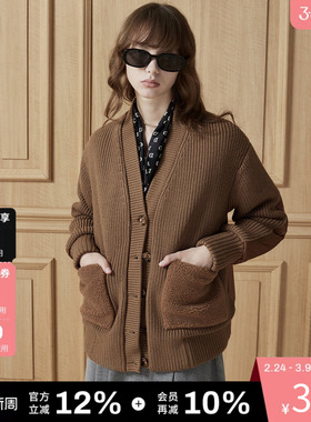 DKNY唐可娜儿秋季女装上衣高级羊毛仿羊羔绒口袋拼接夹克休闲外套