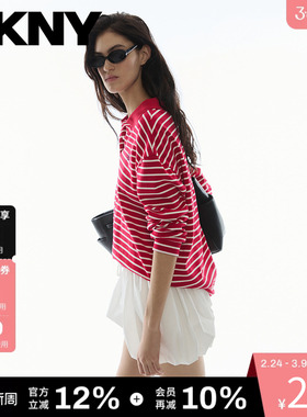 DKNY唐可娜儿26春季新款长袖polo衫女红白色横条纹宽松上衣休闲风