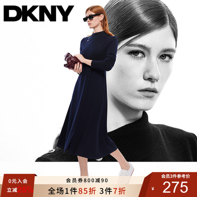 DKNY唐可娜儿25秋冬新款女装气质时尚不对称翻领收腰针织连衣裙