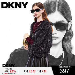 DKNY唐可娜儿2025秋季 连帽黑色外套女 新款 上衣亮丝肌理感休闲短款