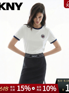 DKNY唐可娜儿夏季短袖T恤女白色复古印花刺绣正肩休闲简约上衣