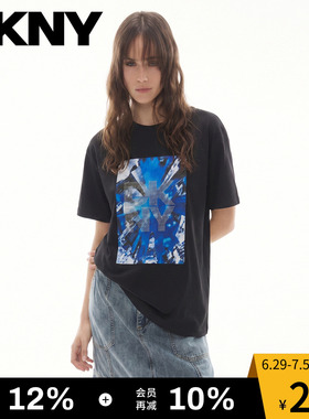 DKNY唐可娜儿26夏季新款印花烫钻短袖T恤女圆领休闲简约上衣黑色