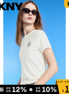 【100%棉】DKNY唐可娜儿夏季短袖T恤女圆领白色百搭上衣字母亮片