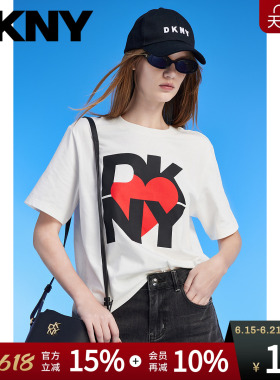 【100%棉】DKNY唐可娜儿26夏季新款短袖T恤女印花白色正肩上衣潮