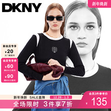 DKNY唐可娜儿2025新款logo绣花圆领长袖正肩黑白撞色拼接T恤女
