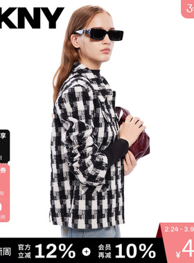 DKNY唐可娜儿春季款粗花呢短外套女装上衣时尚休闲黑白格纹通勤风