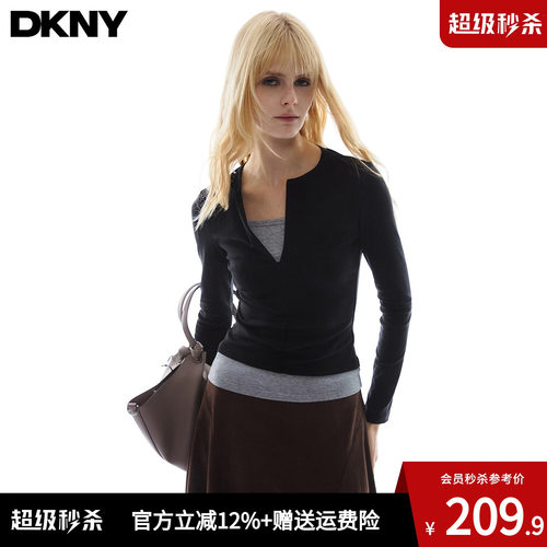 【假两件】DKNY唐可娜儿美式长袖t恤女秋季修身打底半拉链v领上衣