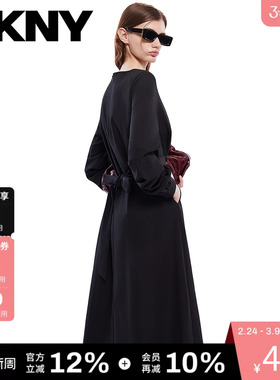 DKNY唐可娜儿春季长袖连衣裙女士黑色收腰显瘦通勤风简约时尚百搭