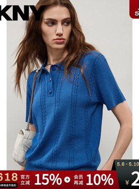 DKNY唐可娜儿夏季polo短袖针织衫女T恤纯色肌理百搭翻领套头上衣